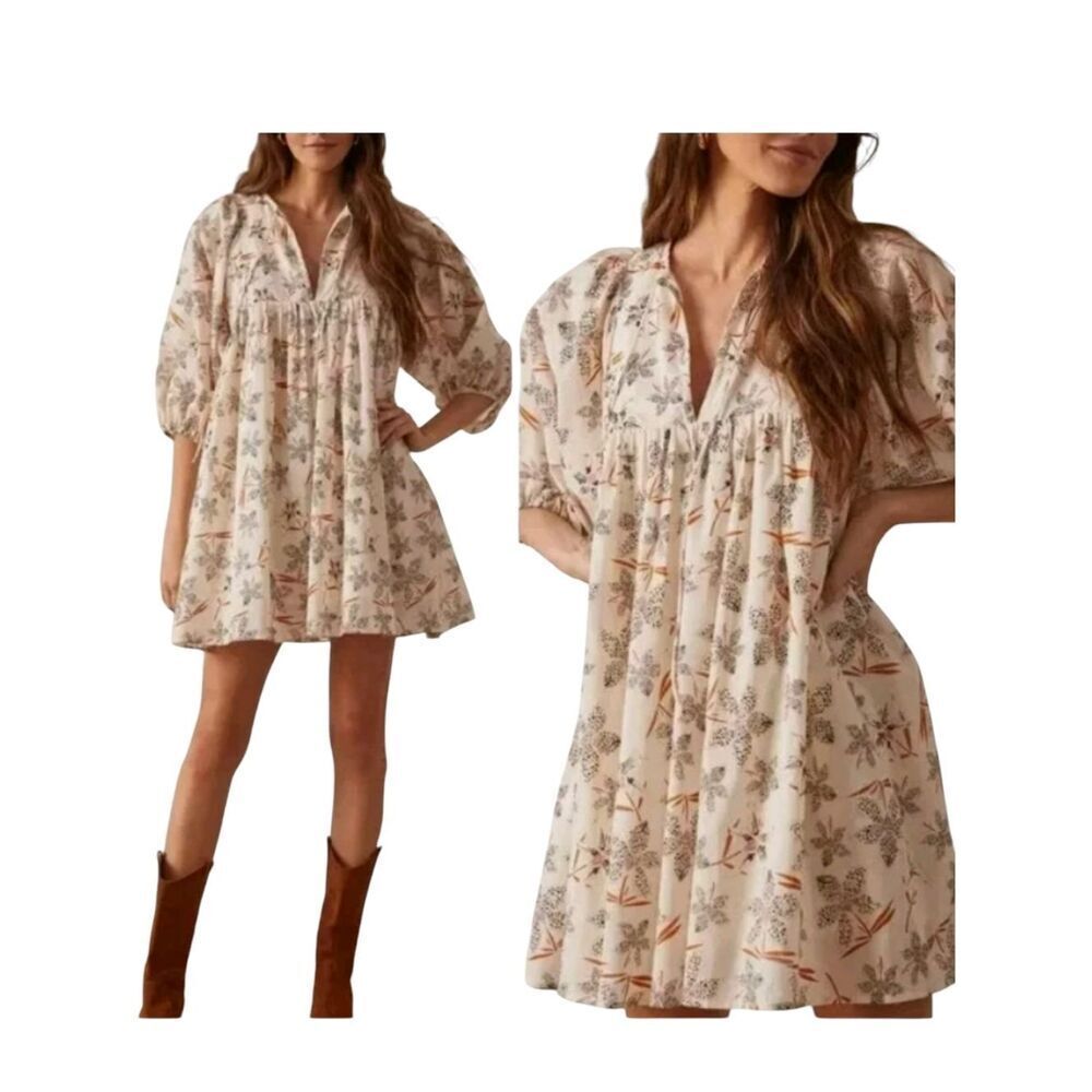 ​Caballero Anthropologie Floral Cotton Babydoll Tunic Dress Puff Sleeve Beige S